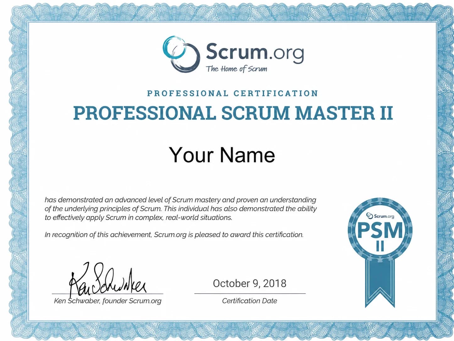 Professional Scrum Master II (PSM II) certificate sample